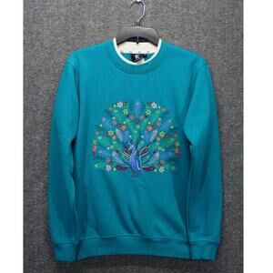 King Universal Peacock Sweatshirt Womens S Blue‎ Embroidered Y2K Floral Retro